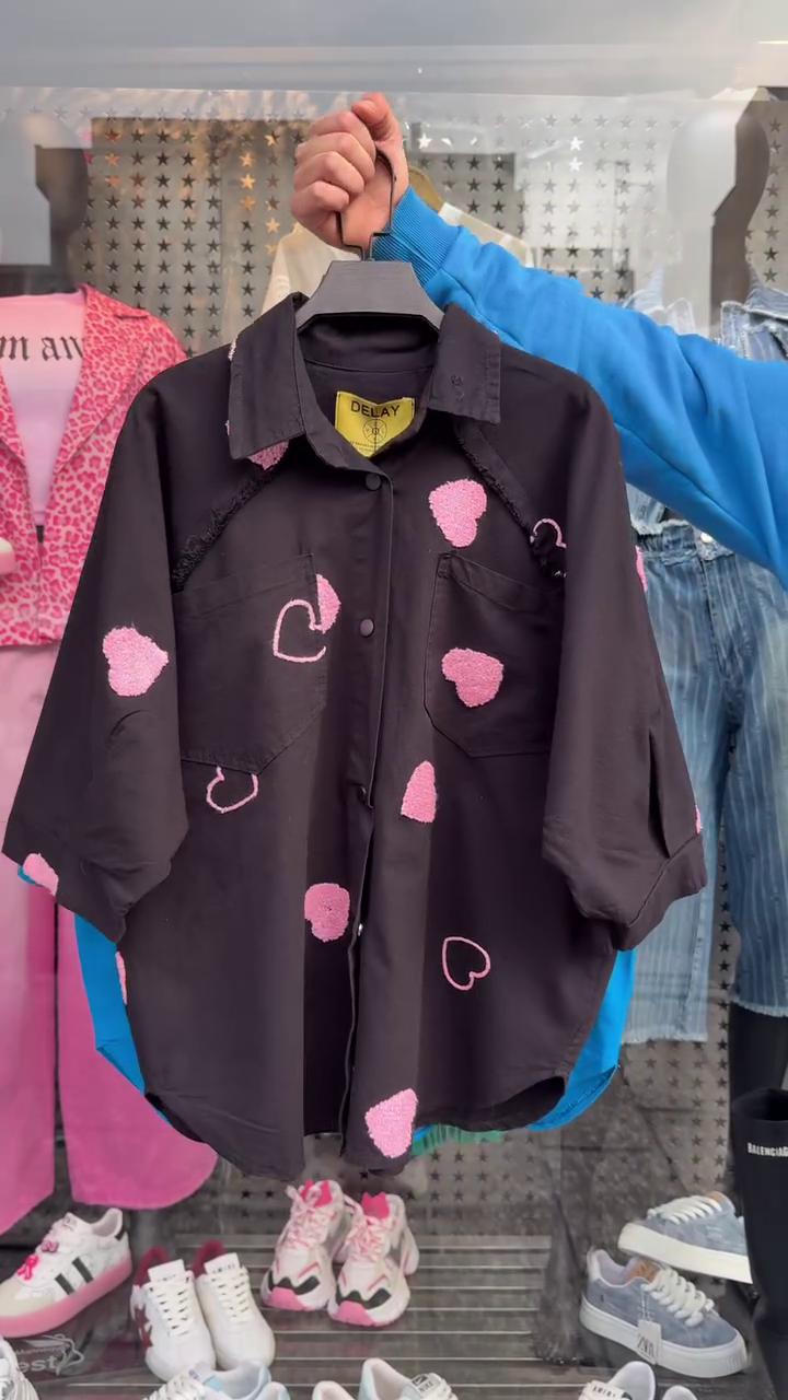Trendy Oversized Cotton Shirt with Heart Embellishments – Available in 6 Colors - Image 4