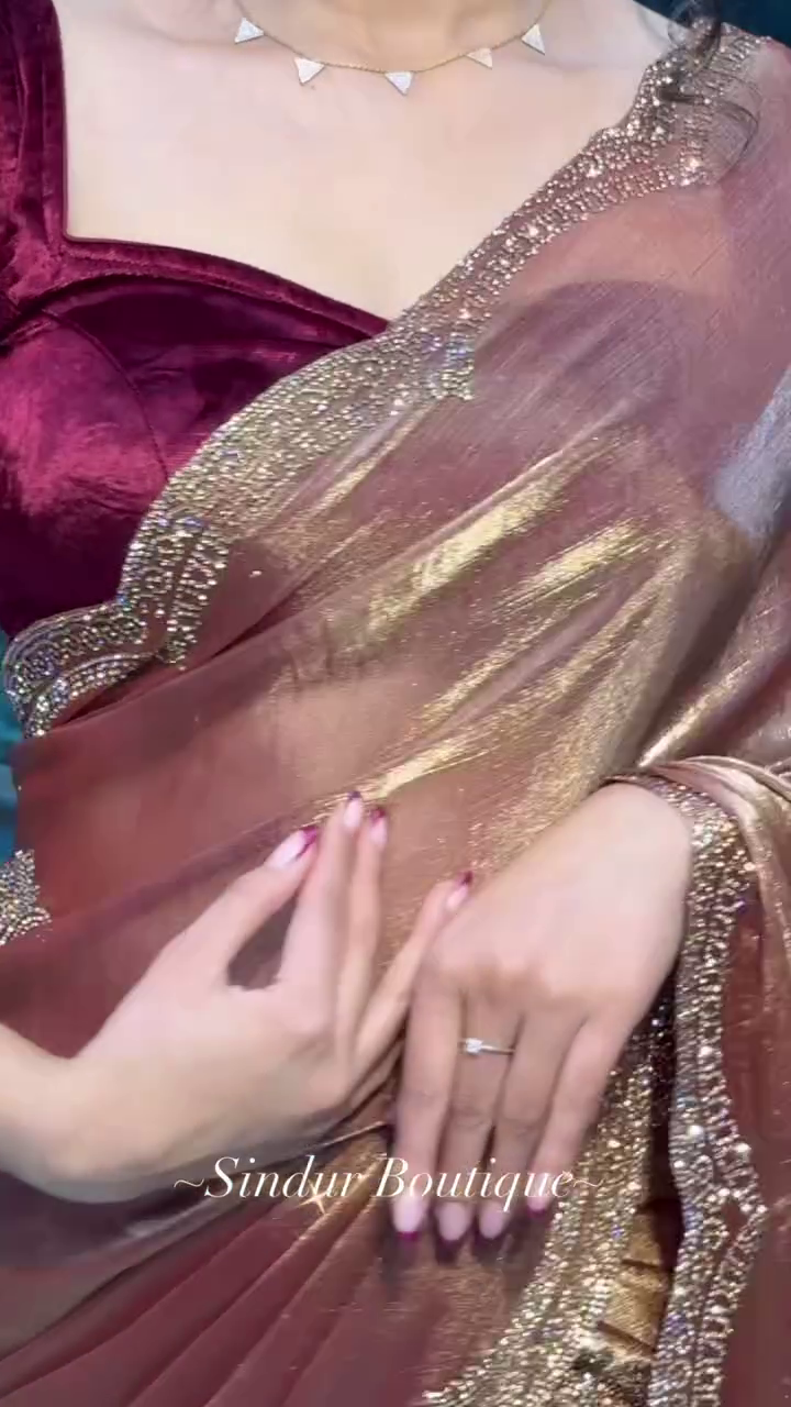 Luxe Rose Gold Velvet Saree with Shimmering Embellished Border