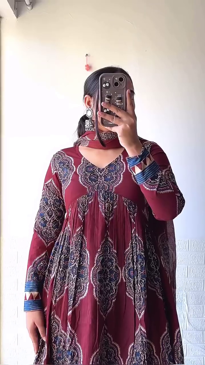Elegant Maroon Printed Anarkali Set with Dupatta – Timeless Ethnic Grace