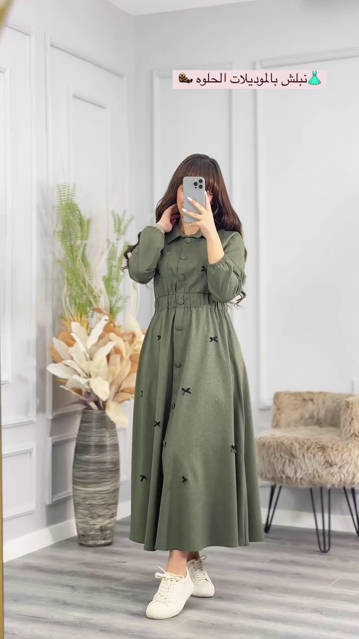 Modest Olive Green Buttoned Flared Dress – Effortless Elegance & Comfort