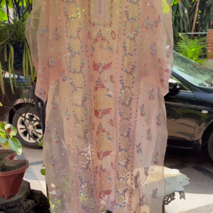 pink colour heavy chikankari suit set with koti