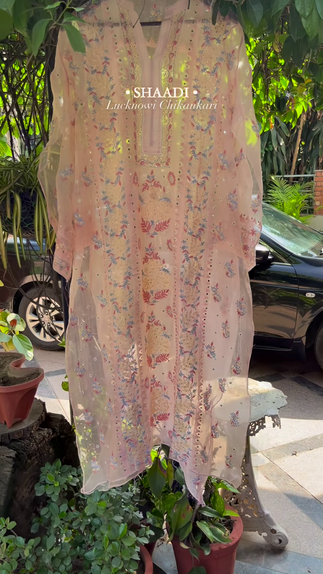 pink colour heavy chikankari suit set with koti